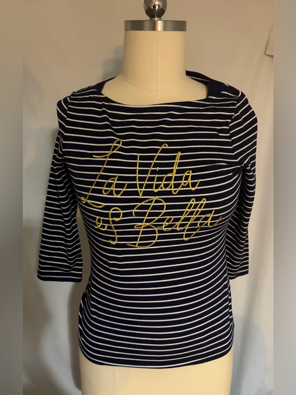 a.n.d Women’s Size S Navy/White Striped Boat Neck 3/4 Sleeve Knit Top